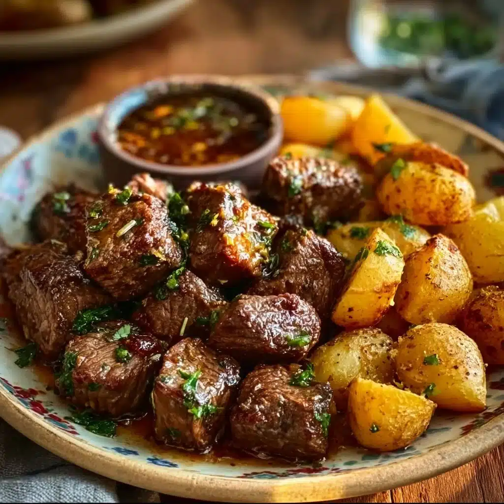 Delicious high protein slow cooker garlic butter beef bites served with herbs.