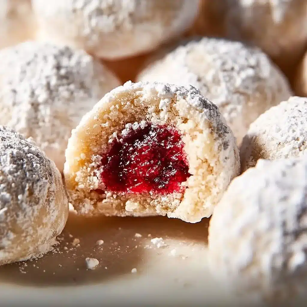 Raspberry Almond Snowball Cookies on a plate, sprinkled with powdered sugar