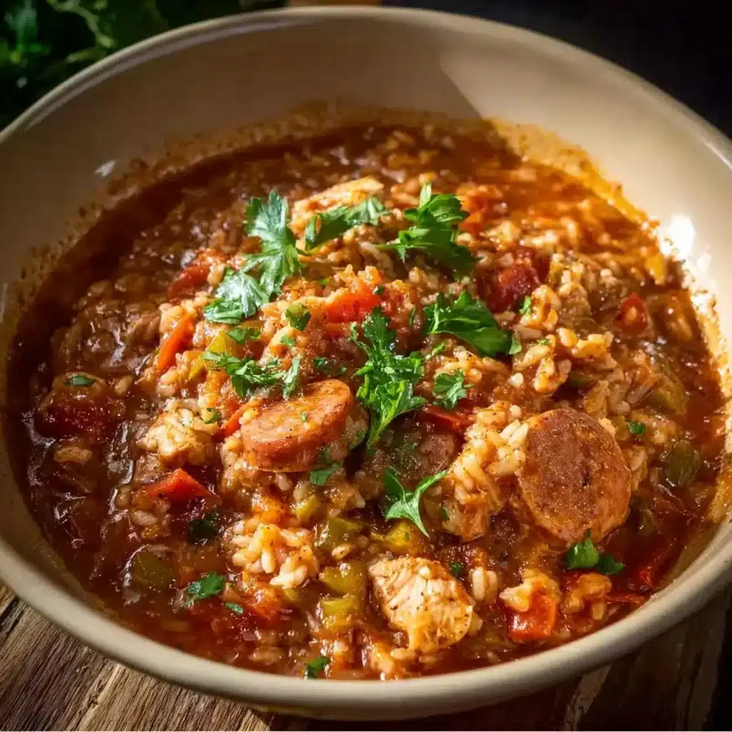 Delicious serving of Slow Cooker Chicken Jambalaya with vibrant colors and ingredients.