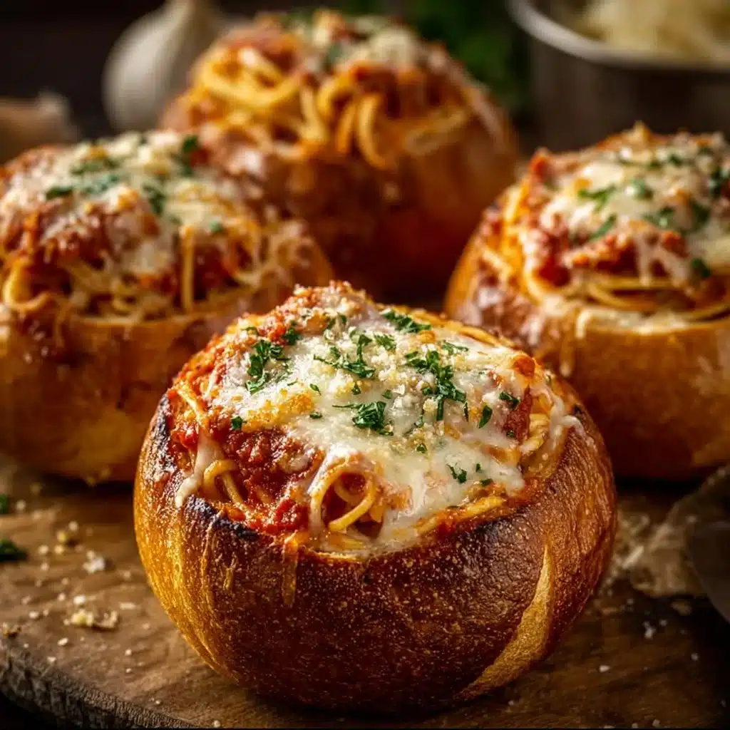 Spaghetti garlic bread bowls filled with pasta and served in crispy bread