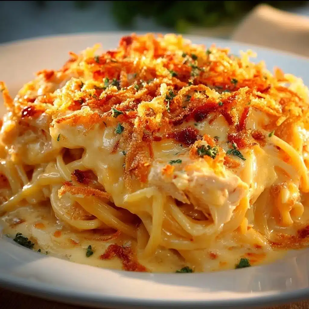 Baked spicy southern cheesy chicken spaghetti casserole in a dish
